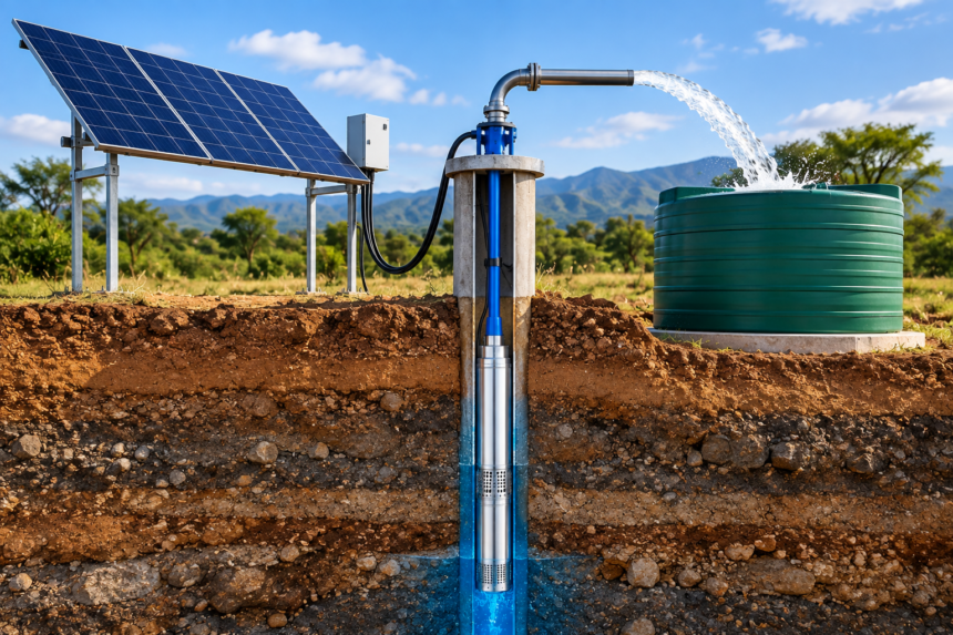 Submersible borehole pump system for solar-powered groundwater pumping in Africa