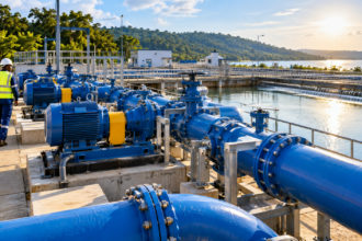 Water pumps and pipeline infrastructure at a municipal water treatment facility in Ghana.