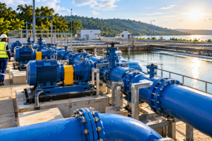 Water pumps and pipeline infrastructure at a municipal water treatment facility in Ghana.