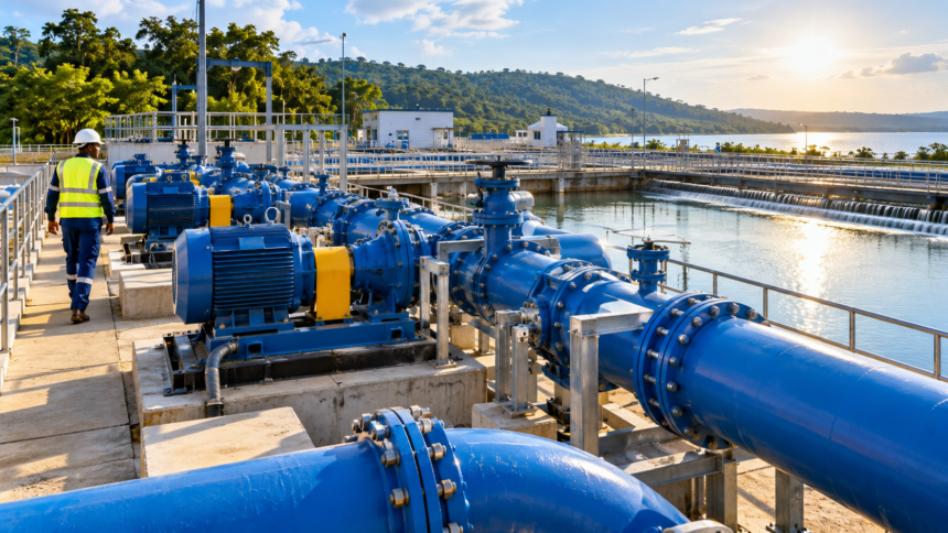 Water pumps and pipeline infrastructure at a municipal water treatment facility in Ghana.